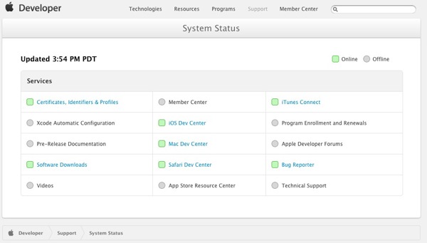 System Status  Apple Developer 1