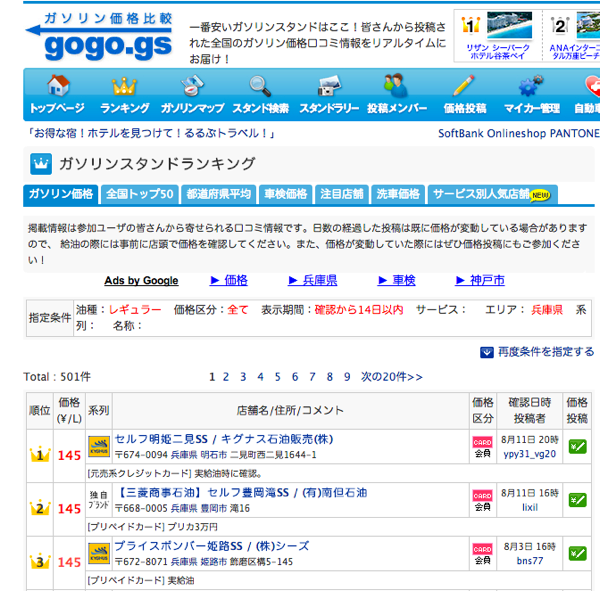 兵庫県 ガソリン価格ランキング  ガソリン価格比較サイト gogo gs