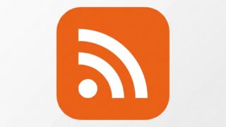 White RSS feed symbol on an orange rounded square background