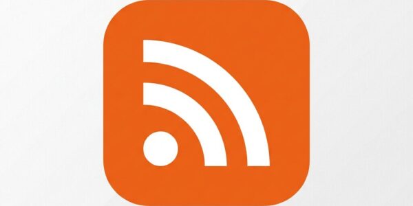 White RSS feed symbol on an orange rounded square background