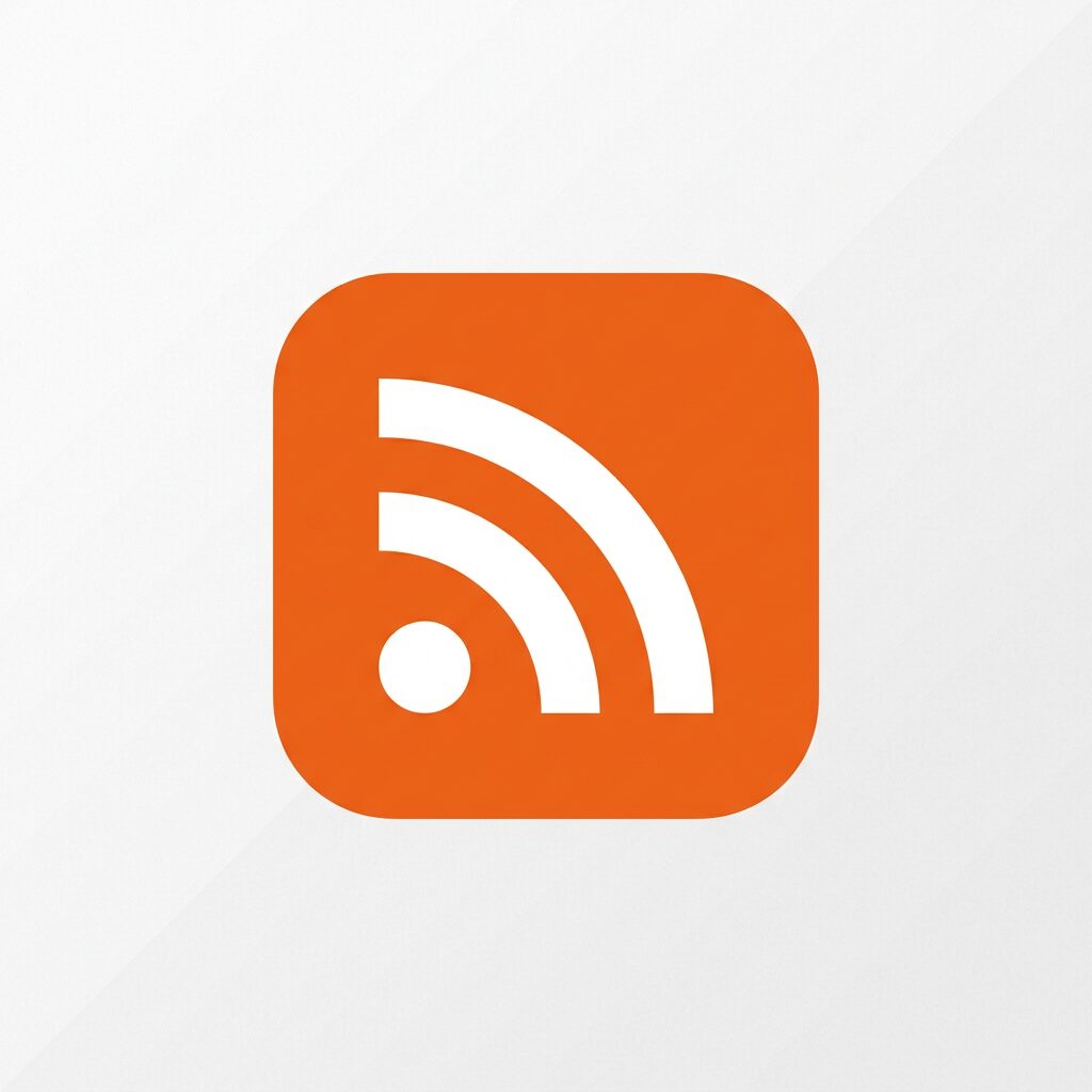 White RSS feed symbol on an orange rounded square background